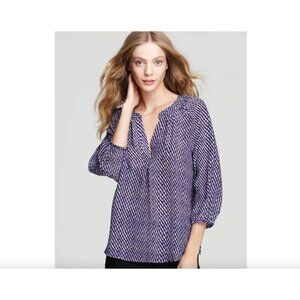 Joie Addie B Silk Women's Blue Caviar Print Peasant Balloon Sleeve Top Size XS